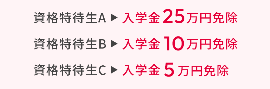 資格特待生A ▶ 入学金２５万円免除｜資格特待生B ▶ 入学金１０万円免除｜資格特待生C ▶ 入学金５万円免除